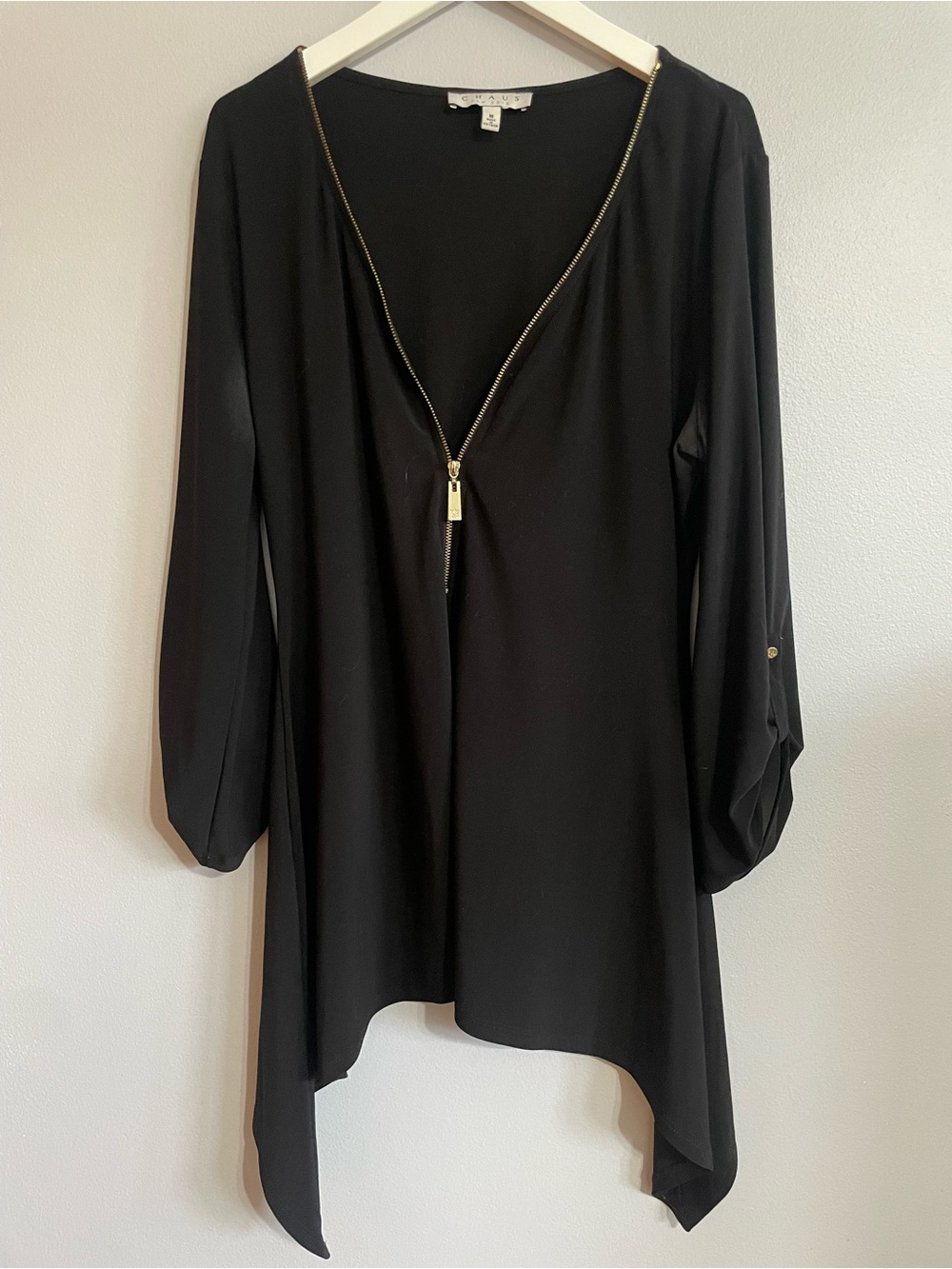 Chaus Black Tunic with Gold Zip and Asymmetrical Hem